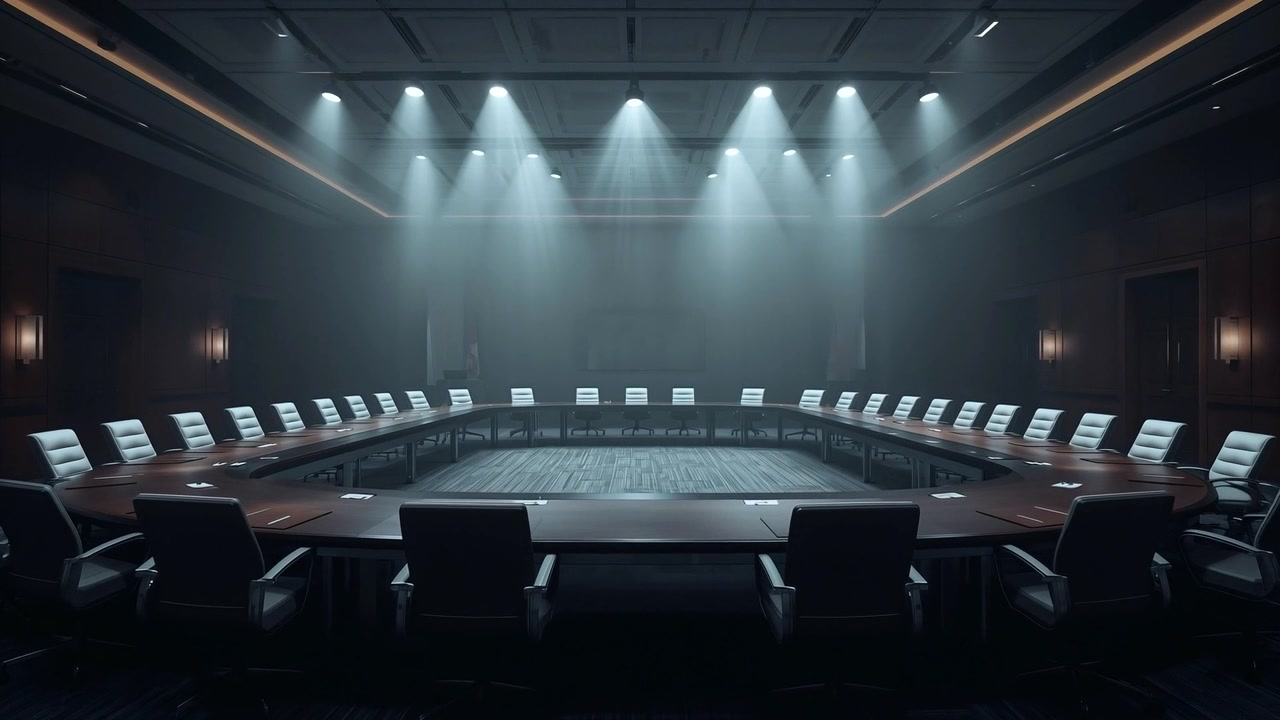 Recording wide shot showing U table in boardroom staying empty under spotlights, ready for meeting
