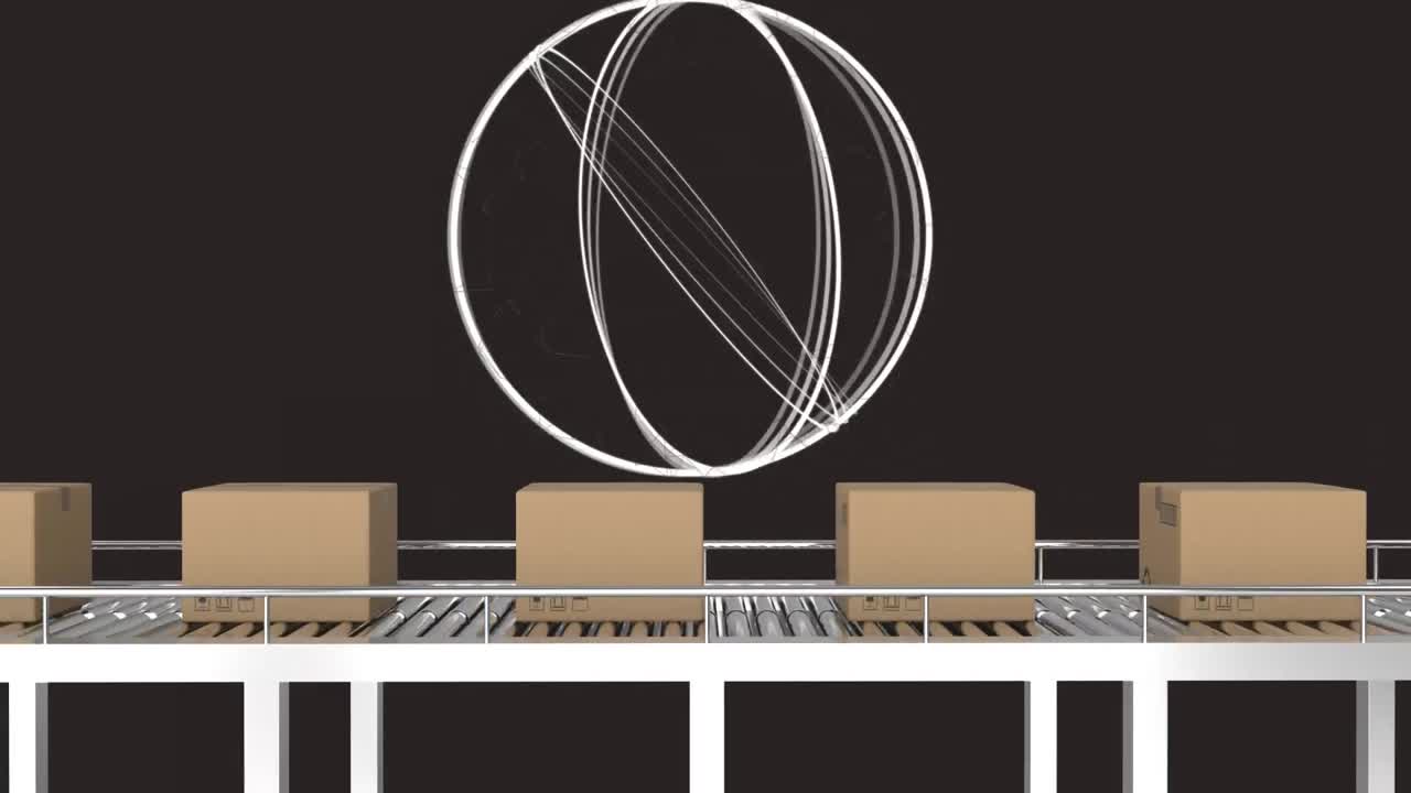 상자를 가진 컨베이어 벨트 위에 회전하는 원의 애니메이션