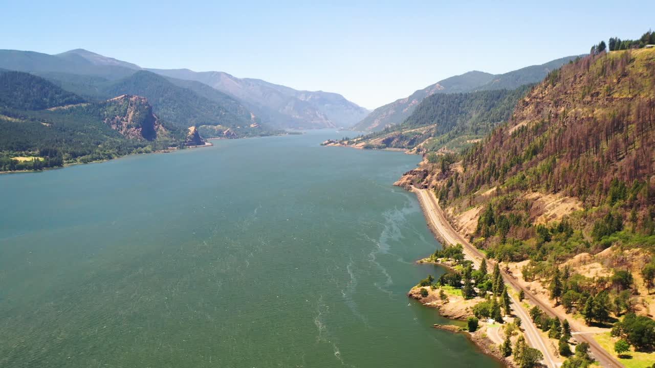 Short flight towards the roads winding down the Colombia River Gorge in Oregon