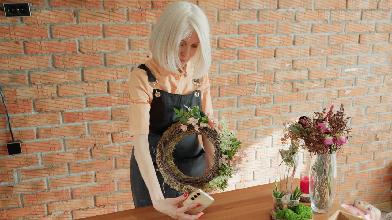 Female florist holding floral wreath and taking selfie with smartphone, wearing apron in rustic workshop with brick wall background, fresh flowers in glass vases on wooden table, creative craft presentation
