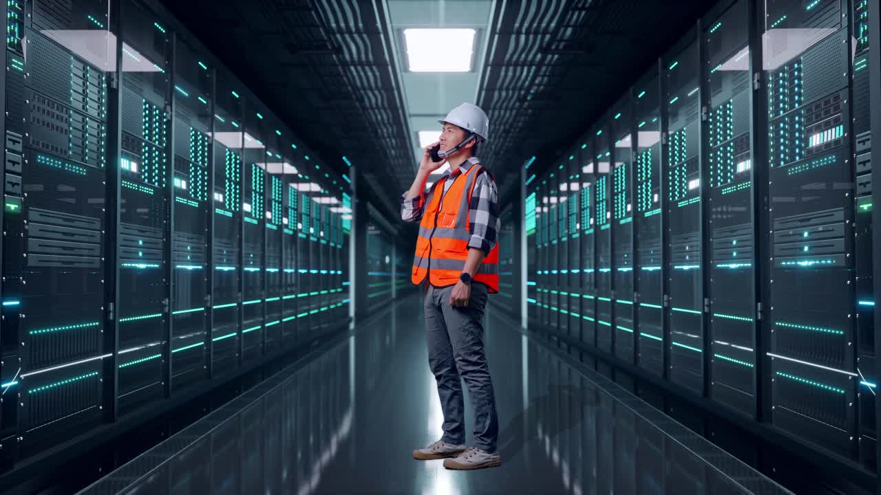 Full Body Side View Of Asian Male Engineer With Safety Helmet Talking On Smartphone While Standing in Server Room Data Center