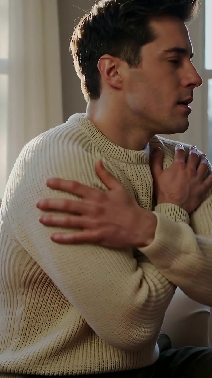 Video verticale: Partner che si protende posando le mani su un uomo sul divano, maglione lavorato a maglia e anello confortanti
