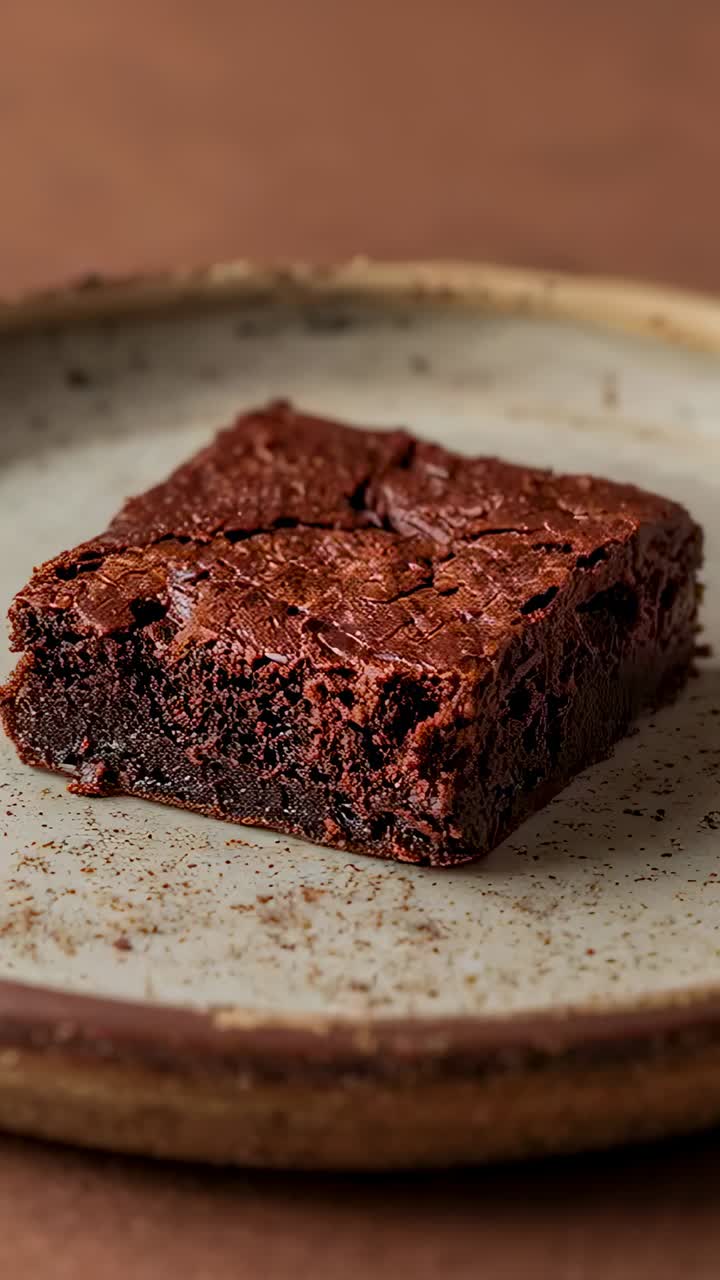 Video verticale: la camera si avvicina a un brownie al cioccolato su un piatto di ceramica per mettere in risalto la texture