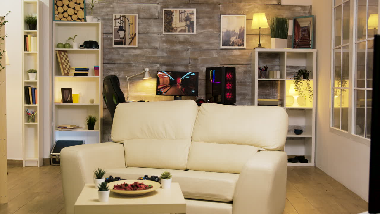 Living room with gaming setup and modern furniture