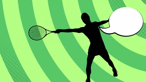 Animation-of-tennis-player-silhouette-with-speech-bubble-over-shapes-on-green-background