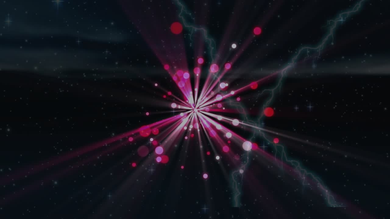 Red white dots assembling spark, emitting beams and drifting particles visualizing cosmic burst