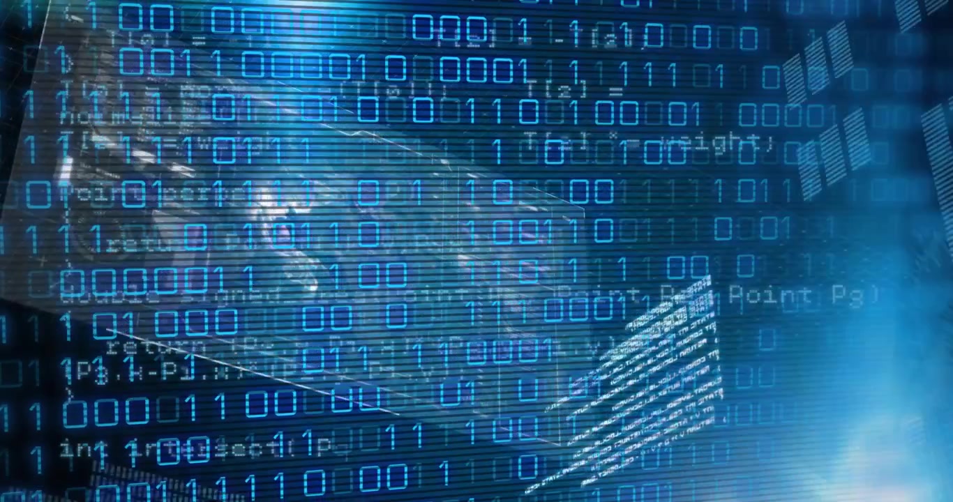 Animation of binary coding over screens with data processing against light spot on blue background