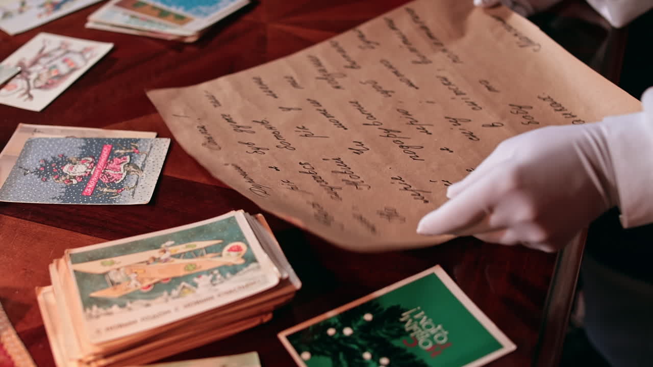 Santa's hands in white gloves holding the letter. Grandpa Claus puts the letter on the table among Christmas cards.