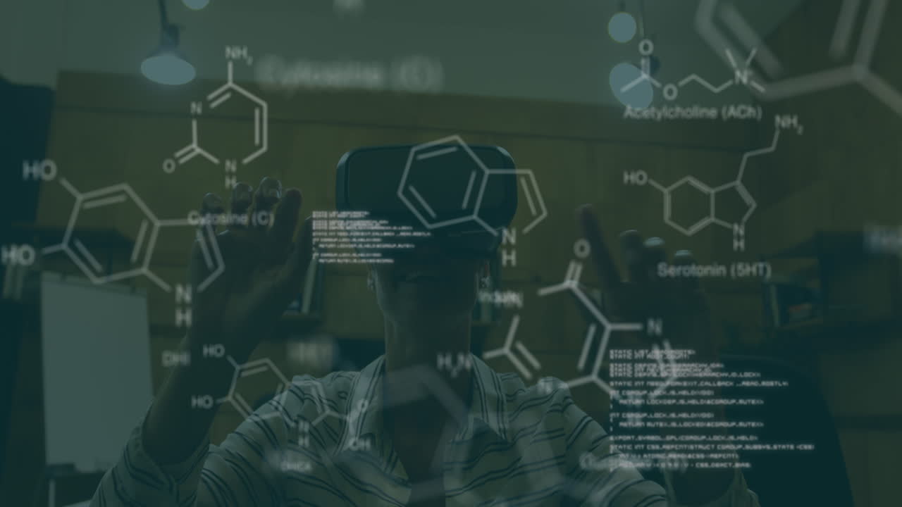 Animation of scientific data over caucasian woman wearing vr headset in office