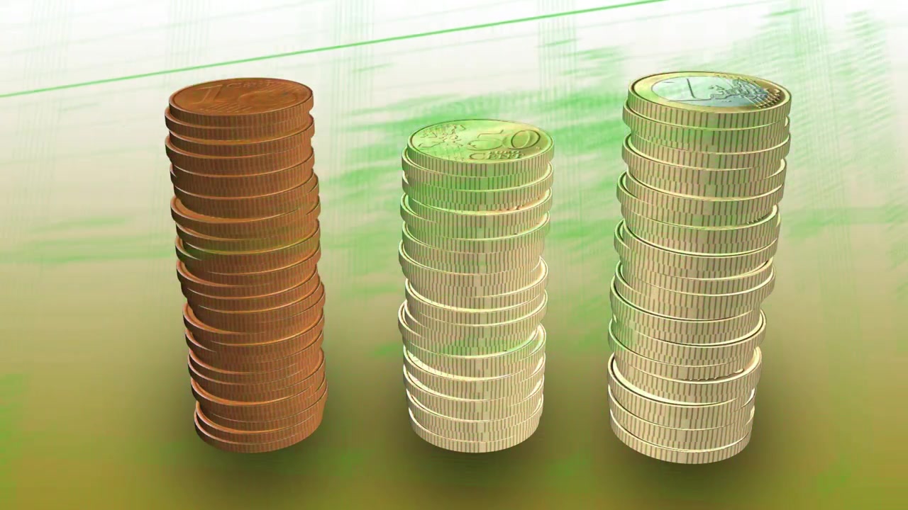 Coins starting fall rotating and stacking into three Cu or Au or Ag piles with green code showing fu