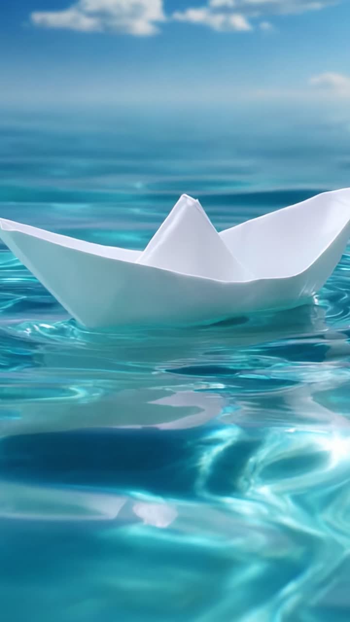 A serene scene of a delicate white paper boat floating peacefully on crystal-clear turquoise waters, embraced by gentle waves and reflecting the beautiful sky filled with soft clouds, evoking a sense of calm and tranquility
