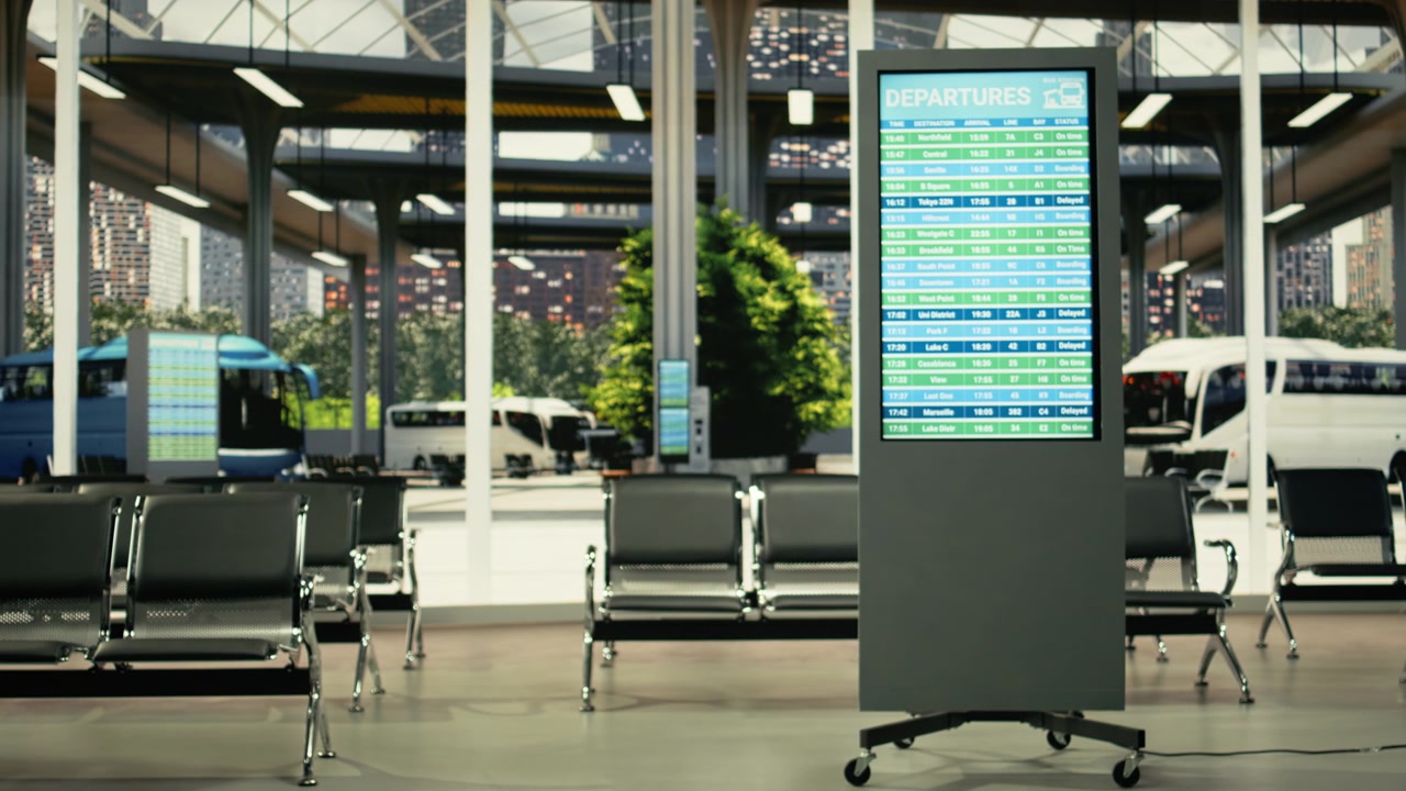 Sala vuota della stazione degli autobus con display digitali degli orari di partenza