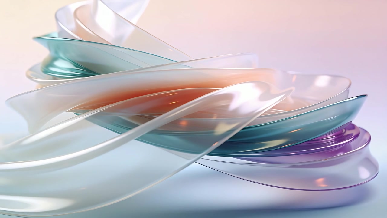 Motion starting glassy ribbons sliding, settling into layered arc on glossy base, pastel backdrop