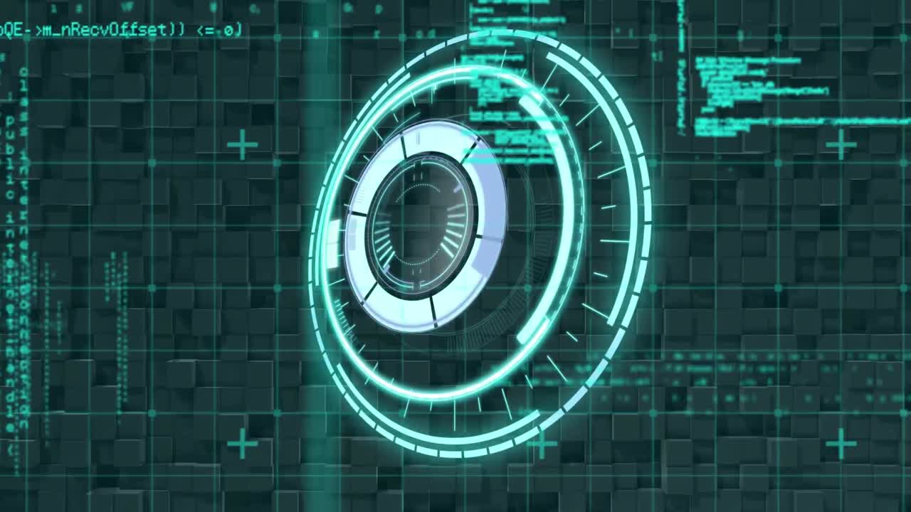 Digital animation of neon round scanner against data processing on textured black background