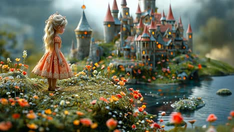 girl in orange dress standing by a colorful garden and castle