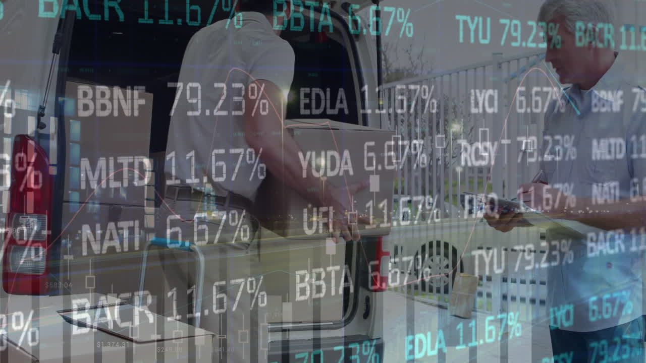 Animation of financial data processing over delivery man loading up car outside of warehouse