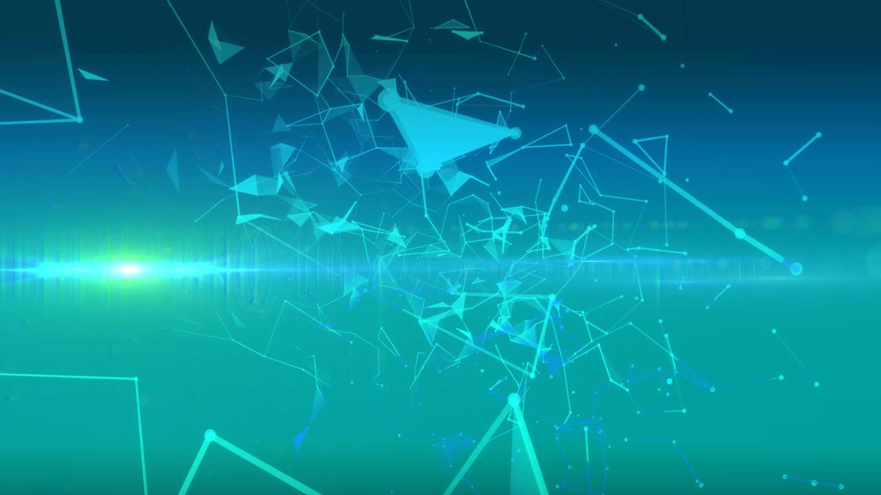 빛의 흔적과 함께 빛나는 파란색 배경 위에 떠있는 연결 네트워크의 애니메이션