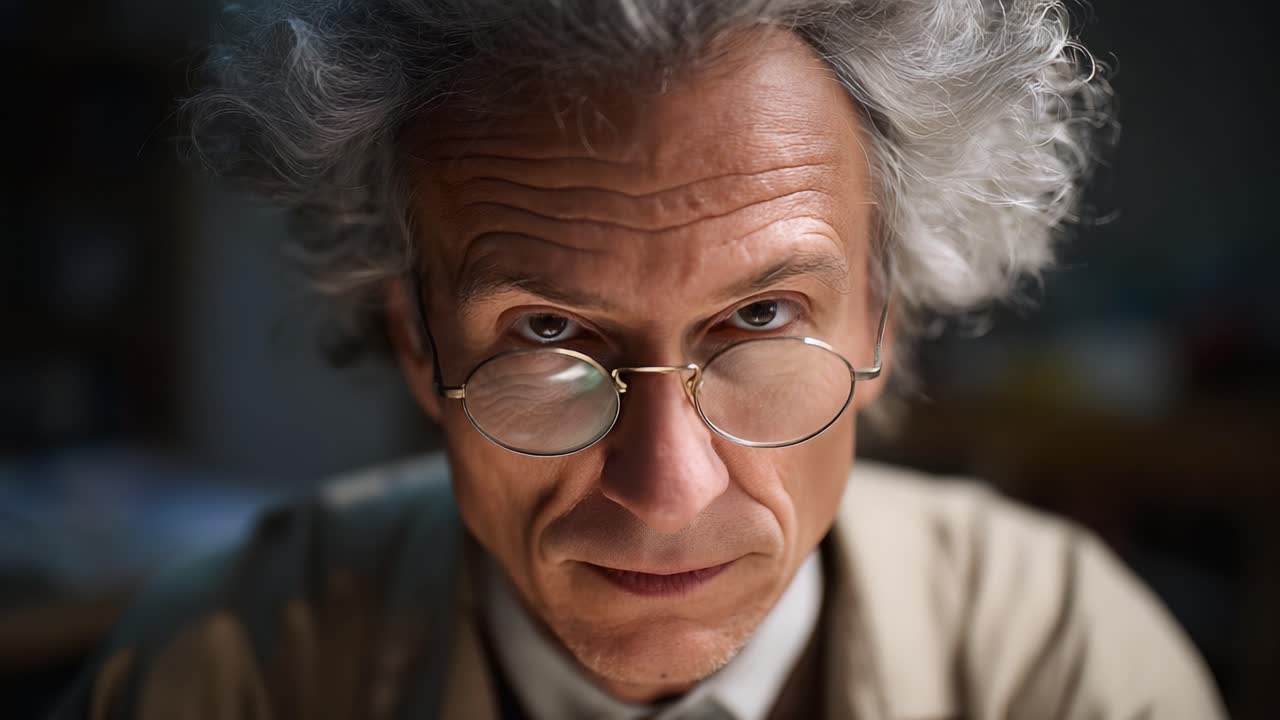 Espressione intensa di uno scienziato riflessivo con capelli folti, occhiali e uno sguardo coinvolgente, catturata in due fotogrammi di una sequenza video drammatica
