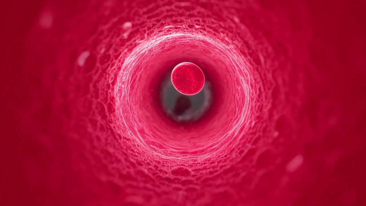 Telecamera che avanza mostrando un globulo rosso che ruota, spostandosi attraverso un lume rivestito con altre cellule.