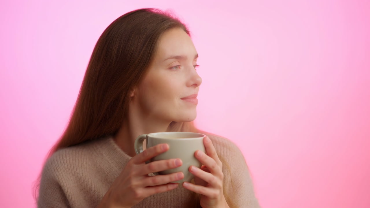 Young Woman Holding Mug Against Pink, Soft Sweater, Contemplative Gaze To Right, Warm Beverage, Cozy Studio
