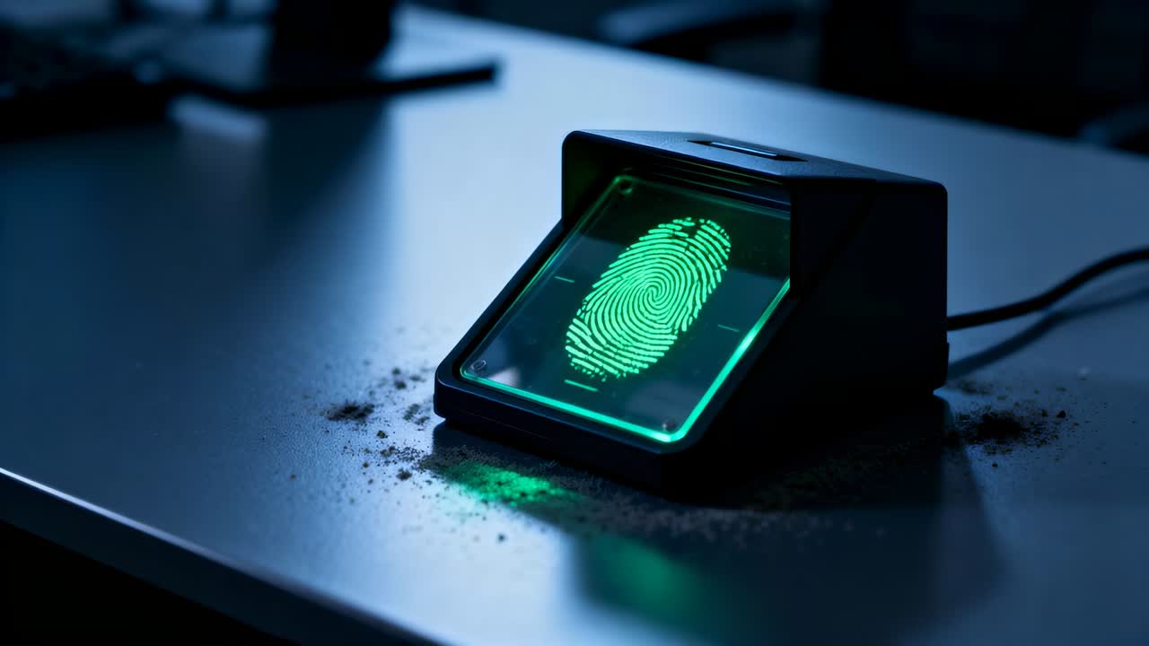 Powering biometric fingerprint scanner displaying green print on desk in dim workspace, copy space
