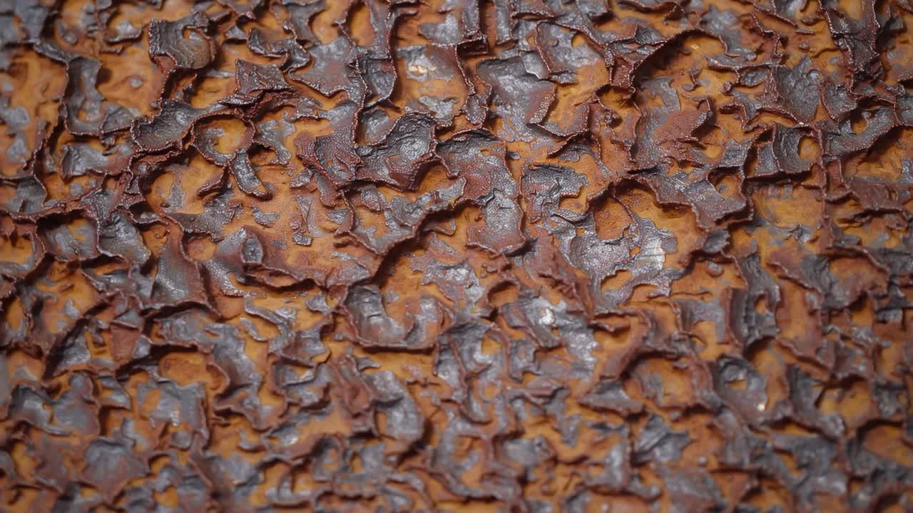 Close-up texture of rusted metal with peeling layers, captured from a top-down angle