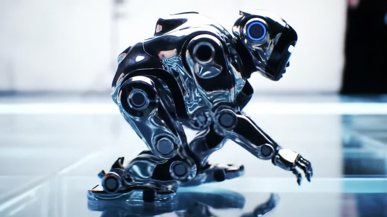 A Futuristic Robot Engaging in Dynamic Movement: Exploring Advanced Robotics with Sleek Design and Enhanced Mobility in a High-Tech Environment