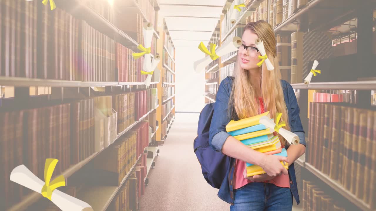 animación de certificados que caen sobre una estudiante caucásica con libros