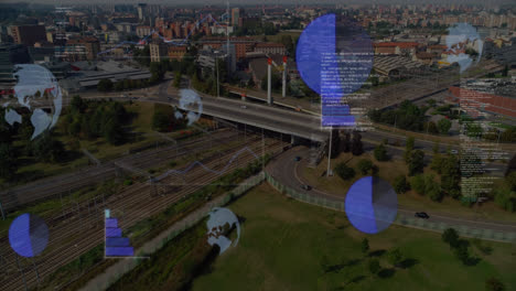 Animation-of-round-scanners-and-data-processing-against-aerial-view-of-cityscape