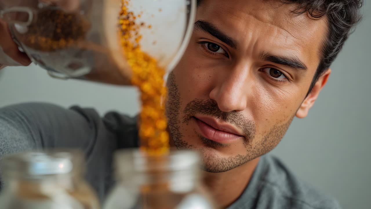 Tilting man in grey shirt pouring orange granules into mason jars at kitchen counter, storing food