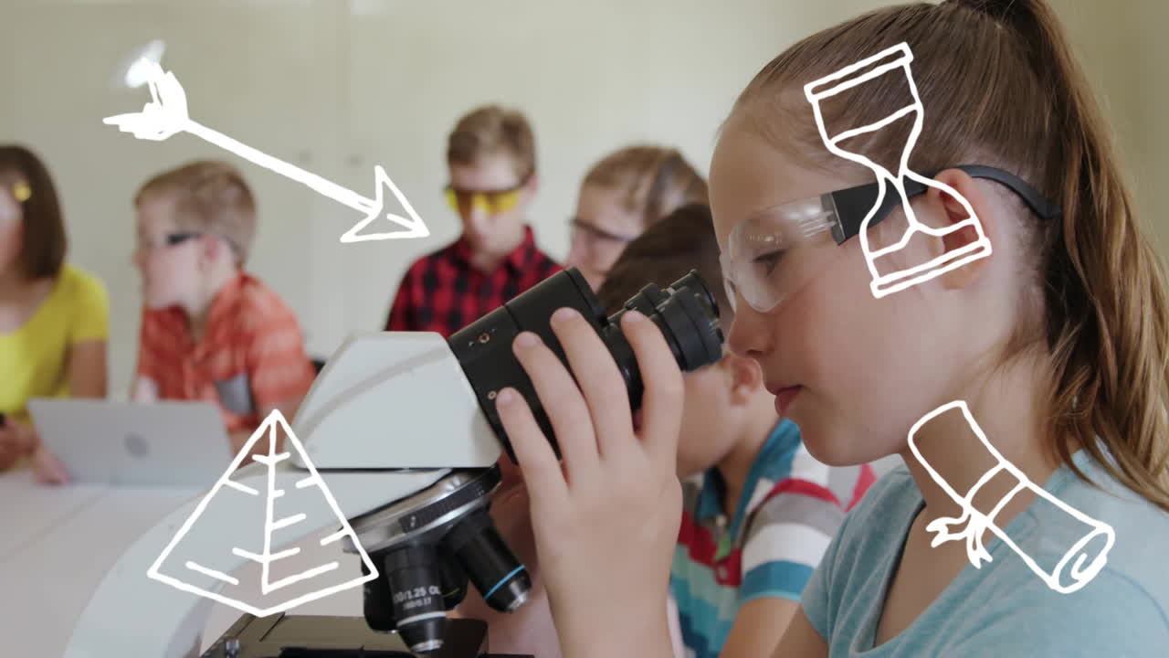 animación de iconos escolares sobre diversos escolares en la escuela