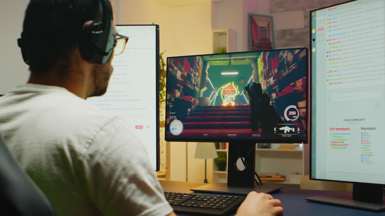 슈팅 게임을 하는 백인 게이머의 을 확대합니다.