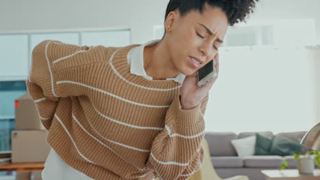 business woman, back pain and phone call in office