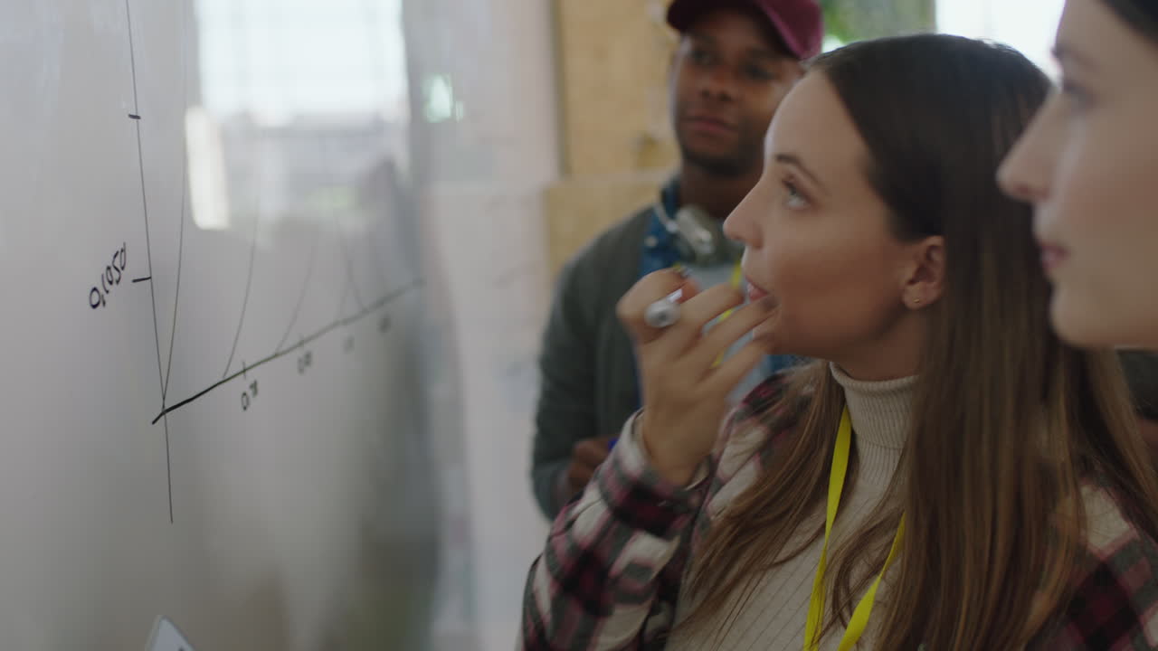 equipo de negocios diverso lluvia de ideas escribiendo ideas creativas en pizarra colaborando en un proyecto de datos de investigación de mercado compartiendo información en una reunión de oficina multiétnica