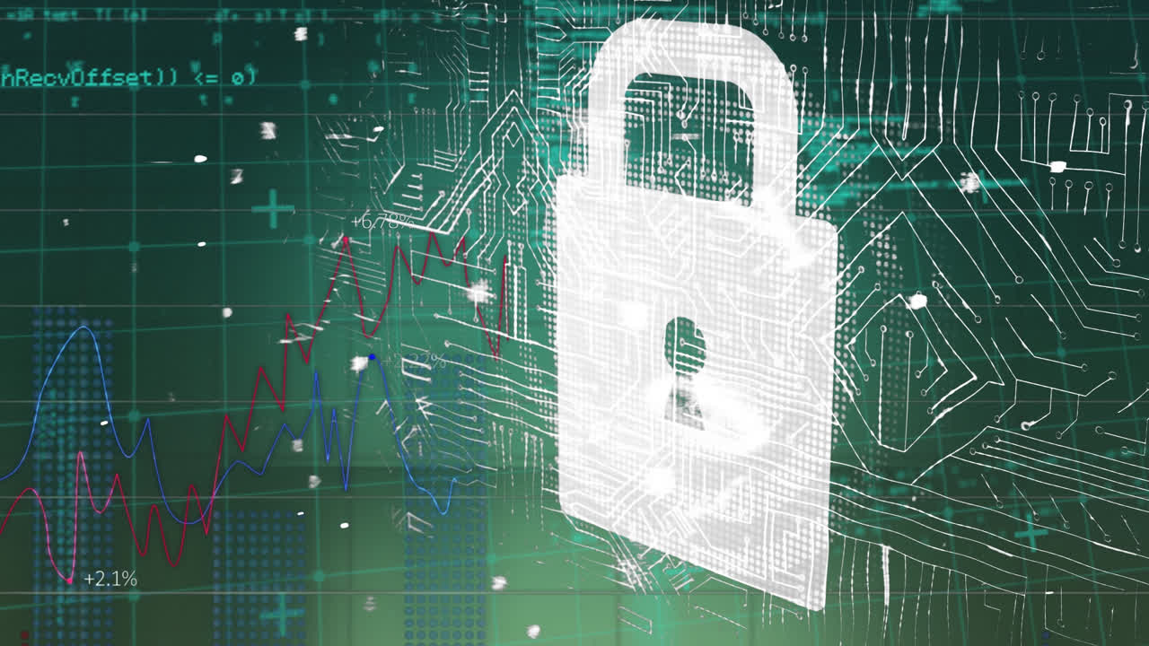 animación de un candado digital con circuito integrado sobre datos financieros en fondo verde