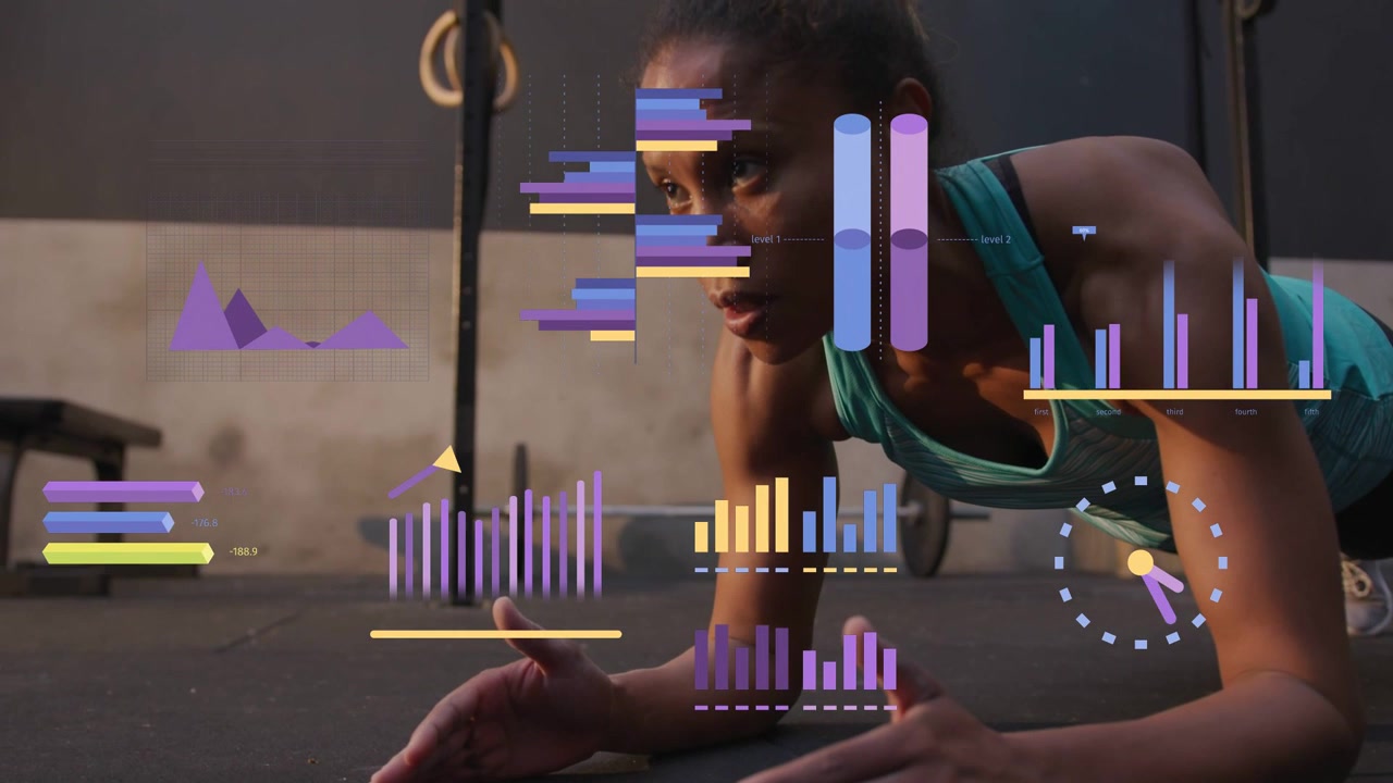 Woman holding forearm plank on gym floor, animated charts fading in and tracking fitness metrics