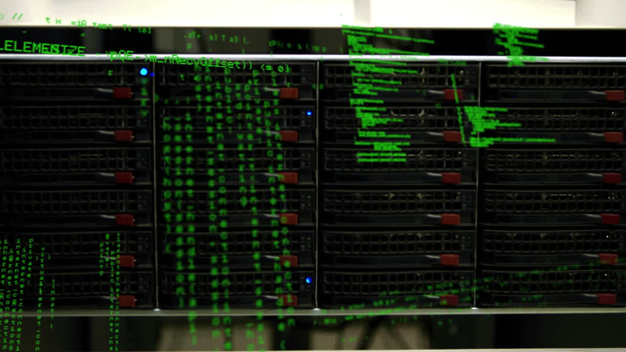 animación del procesamiento de datos en un primer plano del servidor informático