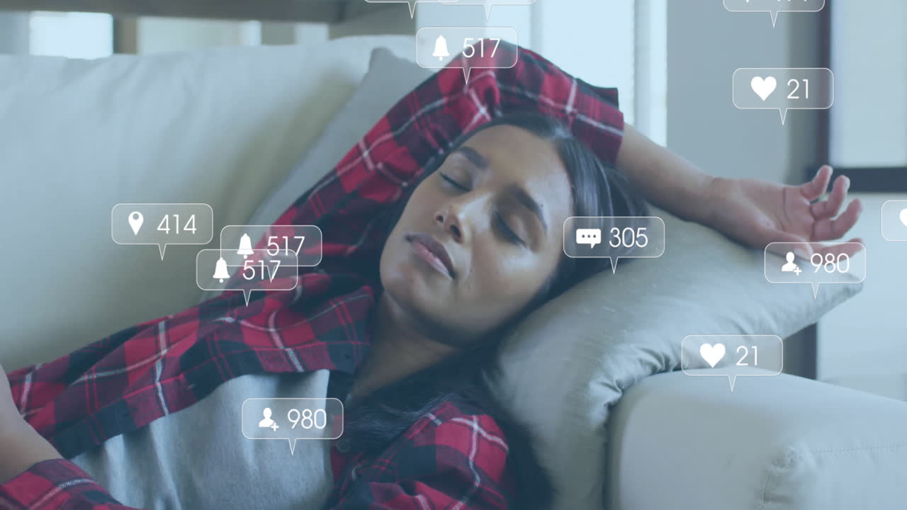 Animation of icons and data processing over biracial woman sleeping