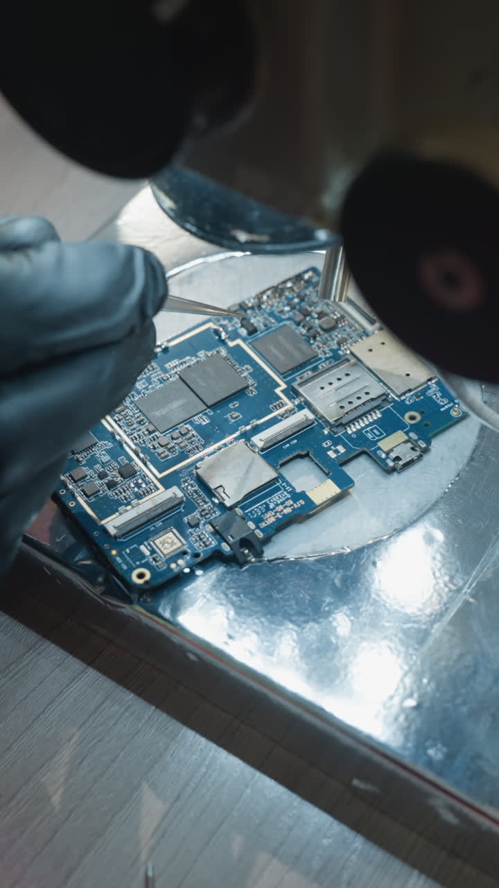 vista de primer plano de un técnico trabajando en una placa de circuito en un banco de trabajo de laboratorio, varias herramientas de precisión, incluidas pinzas y destornilladores, están esparcidas por