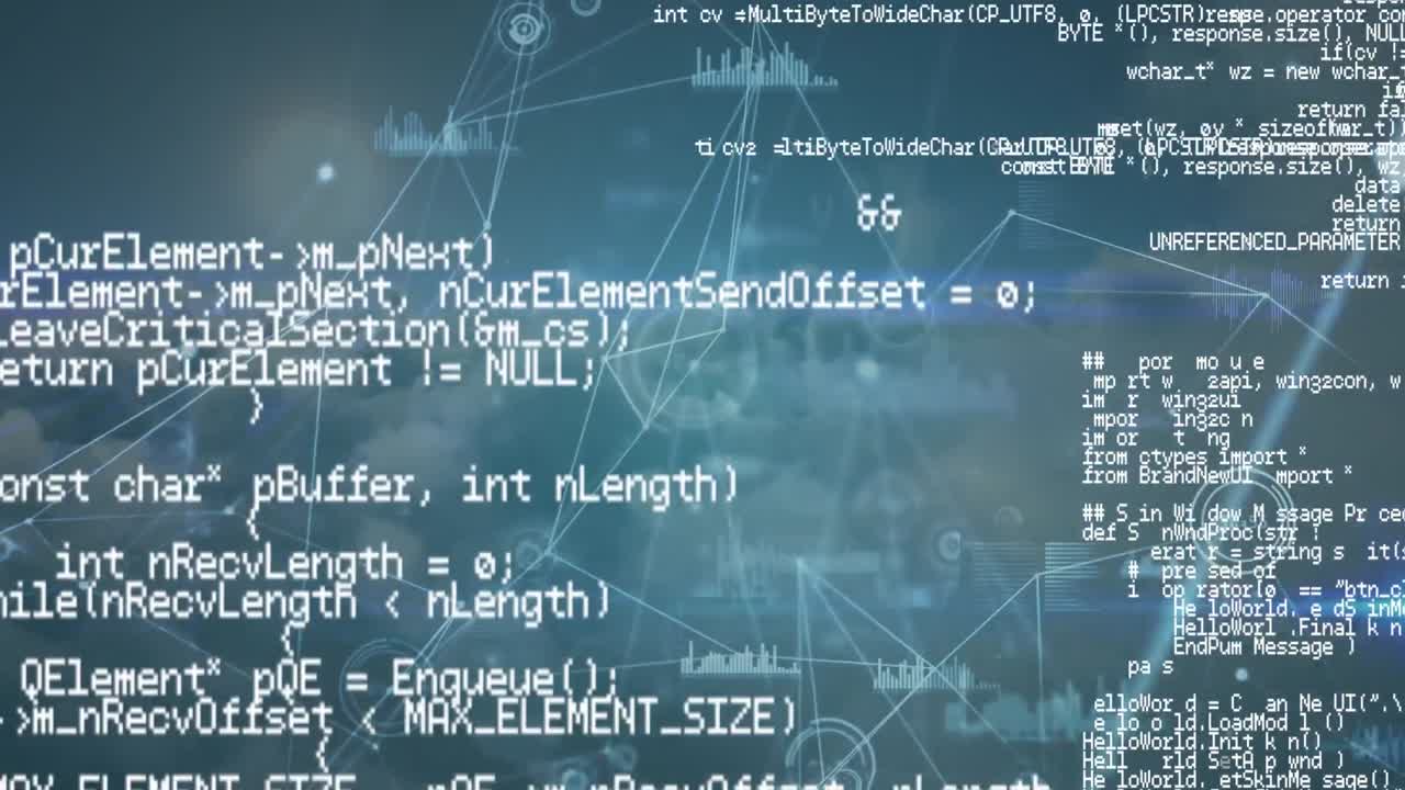 Digital animation of network of connections and data processing against grey background