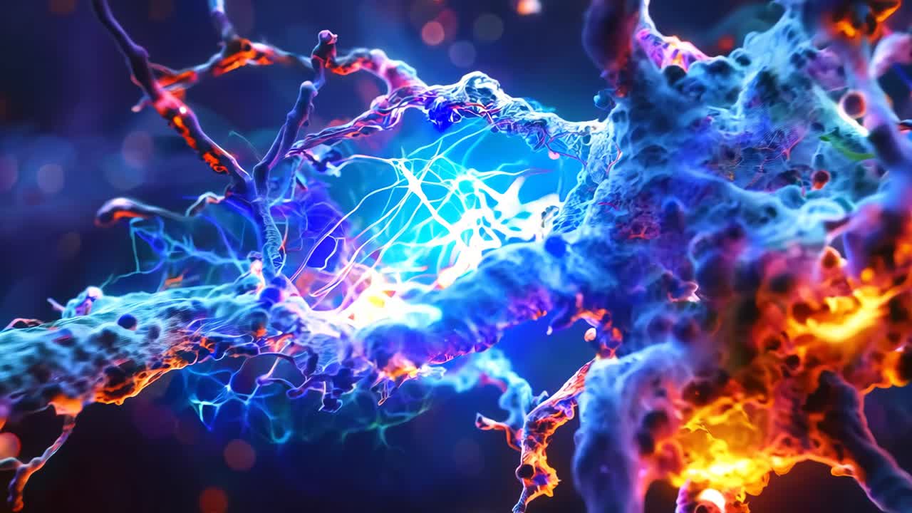 A neuron is shown in a blue and purple color. The neuron is shown in a very detailed manner, with many branches and a lot of detail