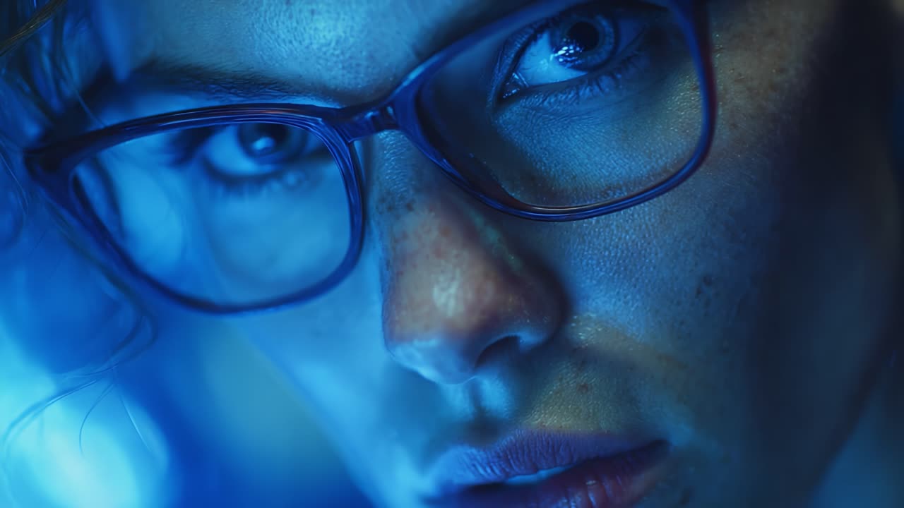 A Close-Up Portrait Focused on the Intense Gaze of a Person with Glasses, Illuminated by Blue Light, Capturing a Moment of Intrigue and Emotion