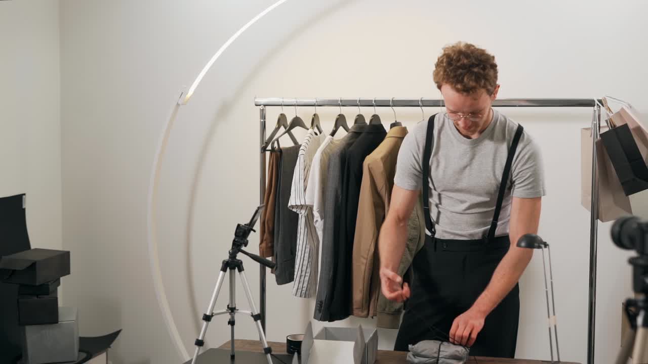 잘생긴 곱슬머리 남자는 세련된 회색 상자에 소포를 포장합니다