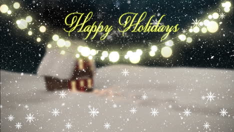 animation of happy holiday text over falling snow and winter scenery