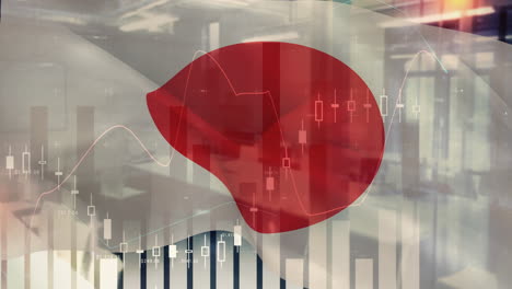 animation of financial statistics recording over flag of japan waving