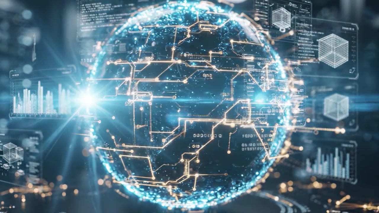 Futuristic Glowing Sphere Surrounded by Digital Data and Connectivity – A Visual Representation of Technology, Innovation, and the Interconnected Universe