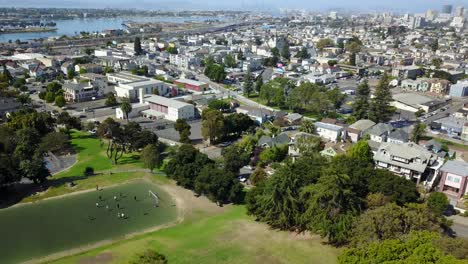 park with soccer players and field