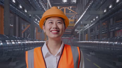close up of asian female engineer with safety helmet looking around while standing with metal pipes