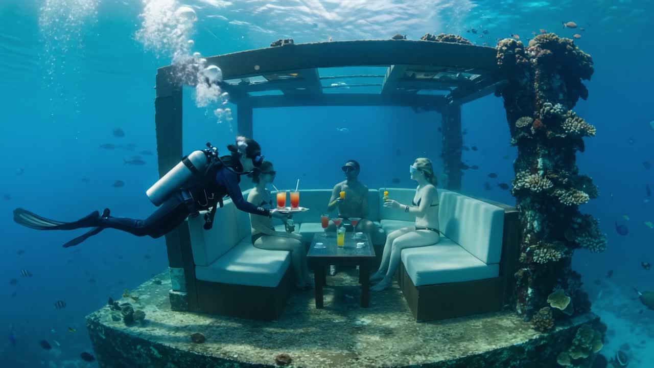 Beneath the Waves: A Dive into an Underwater Dining Experience with Friends as a Diver Serves Refreshing Drinks among Coral reefs and Colorful Marine Life
