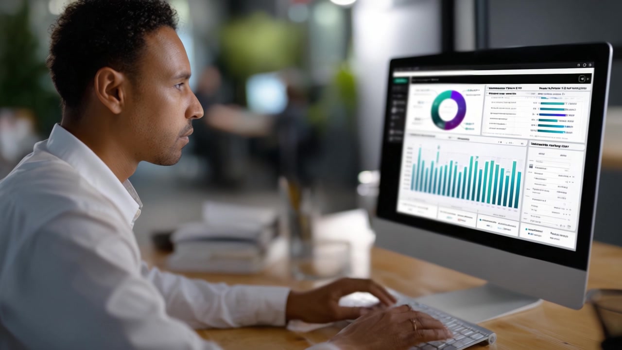 Focused Professional Analyzing Data Visualizations on Computer Screen in Modern Office Setting, Making Business Decisions Based on Detailed Analytics Reports